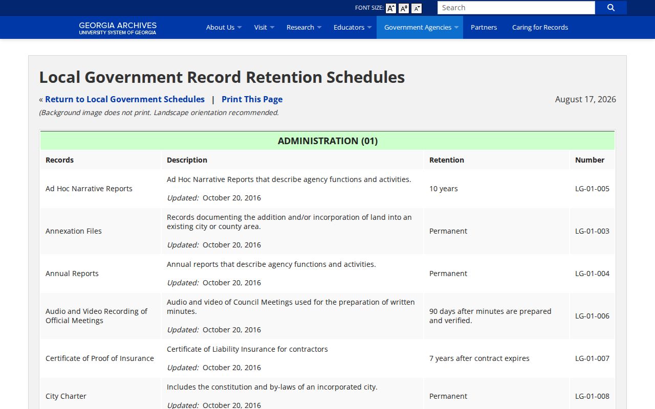 Georgia Archives retention schedule for Whitfield County jail booking records